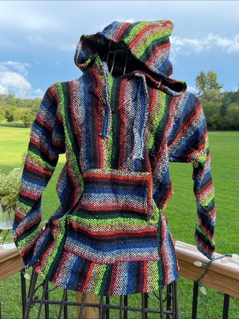 Made in Mexico Multicolor Striped Hooded Knit Poncho with Pocket